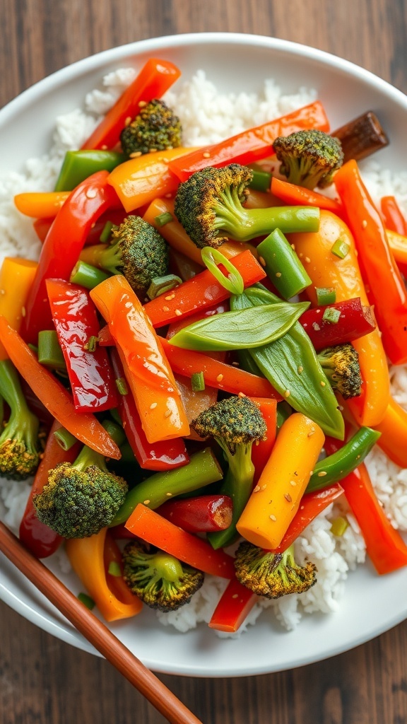 A colorful crispy vegetable stir-fry with bell peppers, broccoli, snap peas, and carrots served over rice, garnished with sesame seeds and green onions.